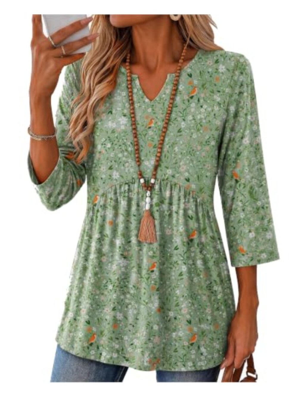 Zeagoo Womens 3/4 Sleeve V Neck Ruched Tunic Top Flowy Blouse